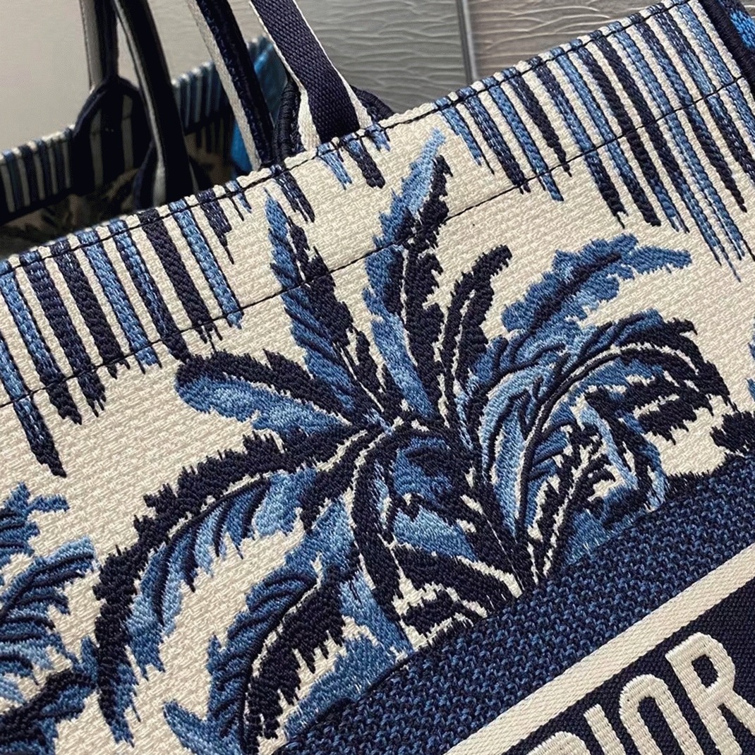 D10r Large Book Tote Bag Replica in Blue D10r Palms Embroidery