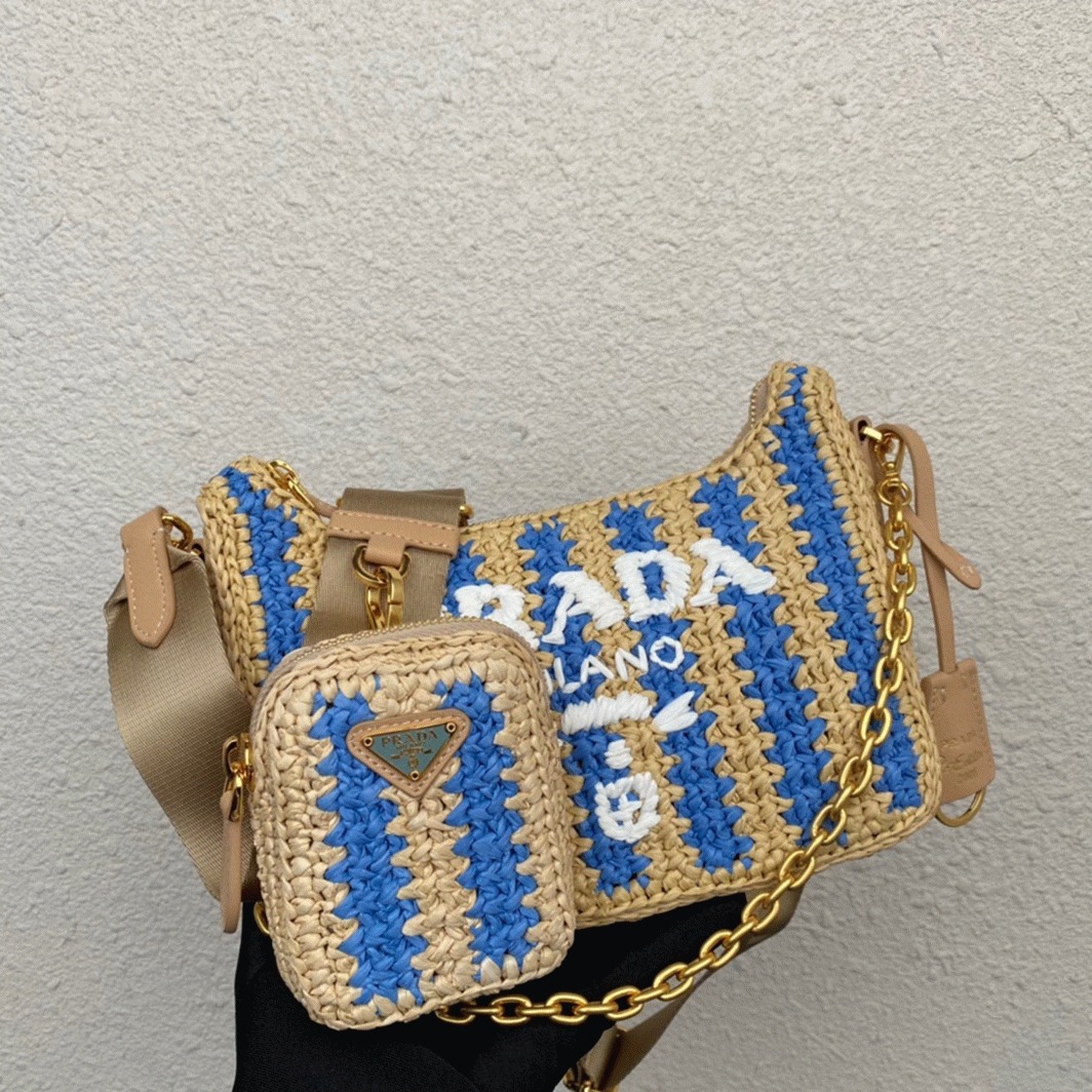 Pra*a Re-Edition Bag Fake in Beige and Blue Stripe