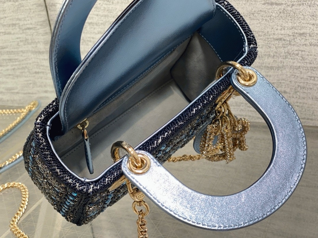 D10r Lady D10r Mini Chain Bag Replica in Satin with Blue Bead Embroidery