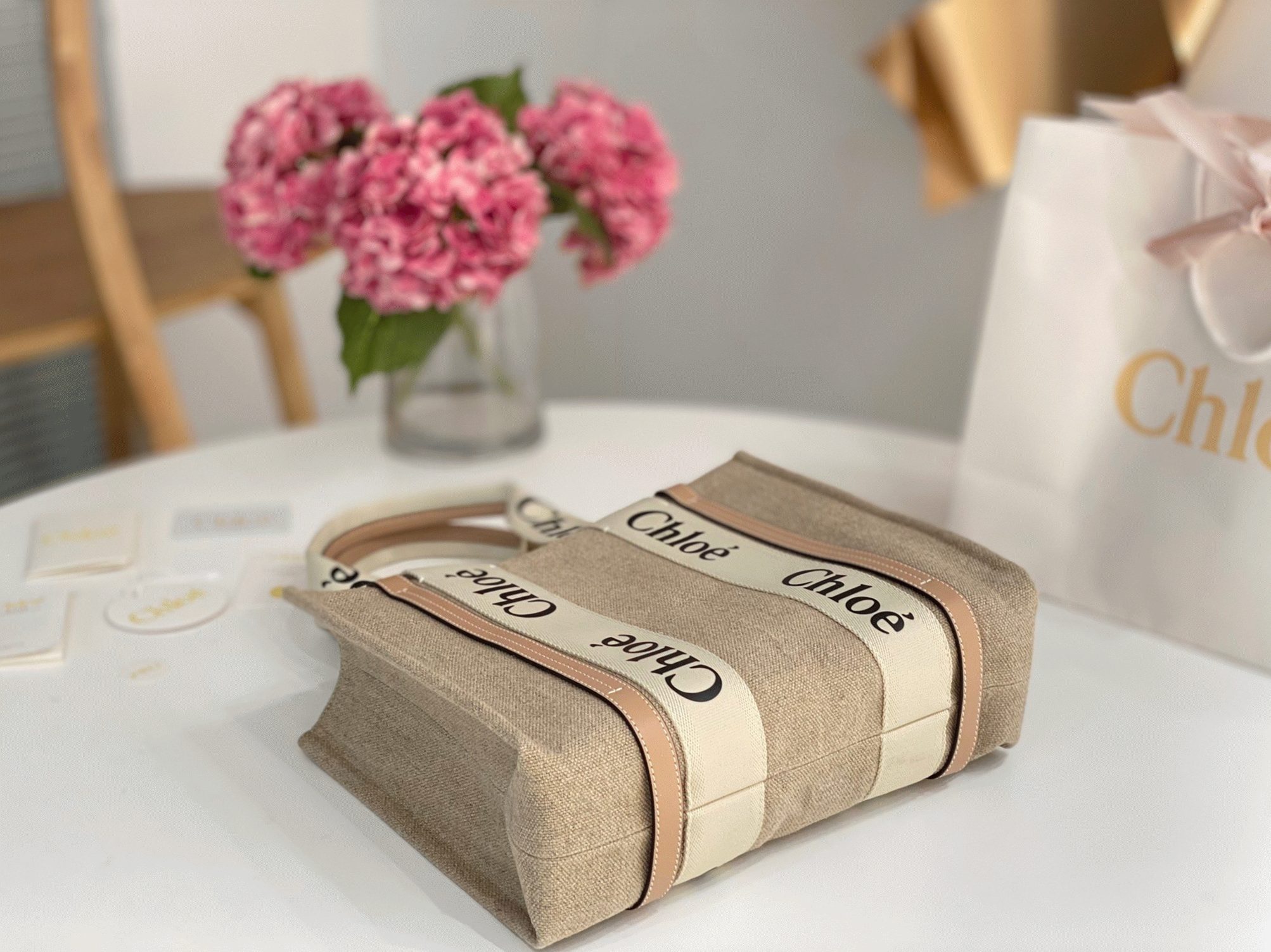 top quality fake Ch10e woody medium tote bag in linen canvas with beige leather