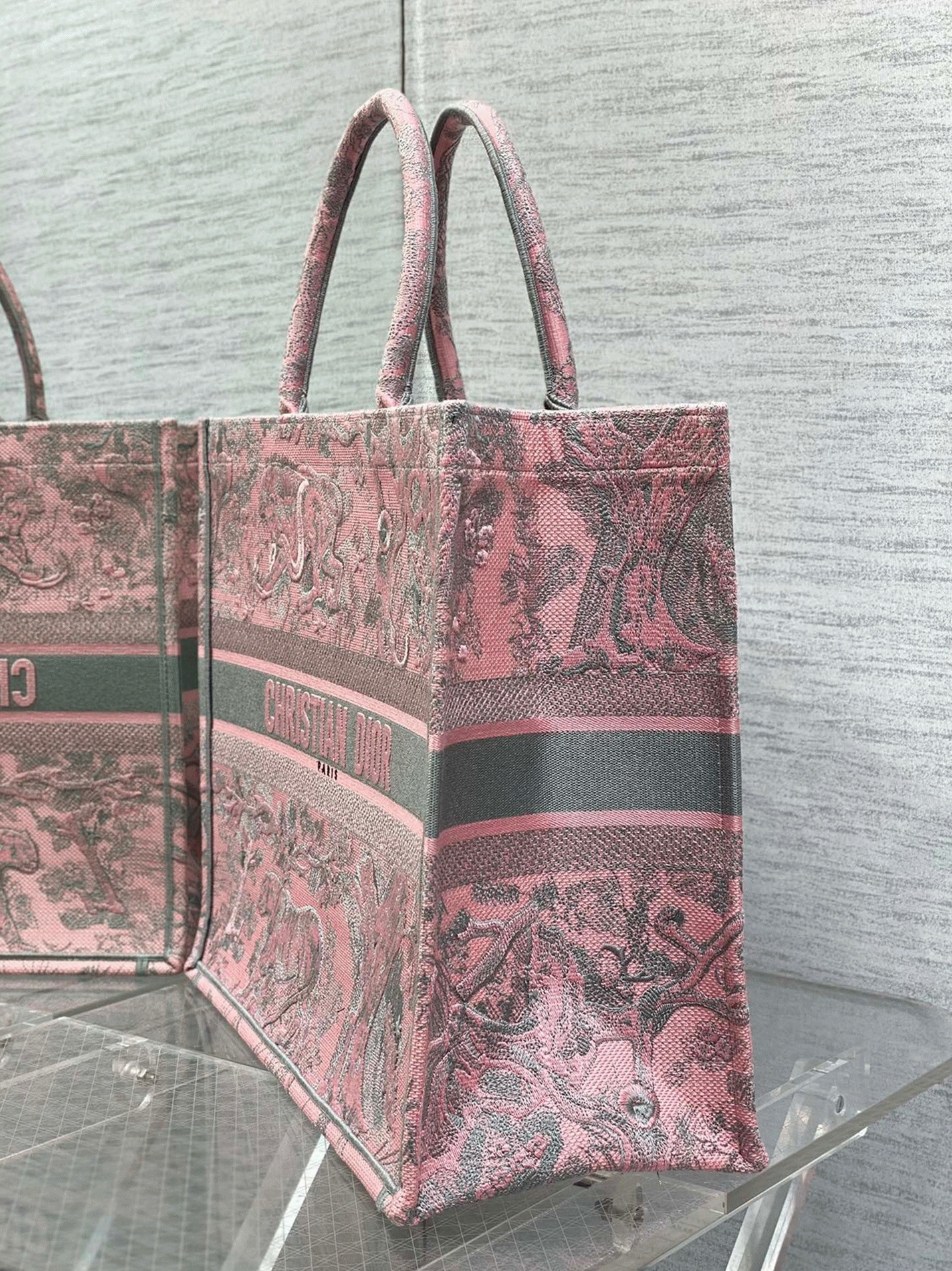 D10r Large Book Tote Bag Fake in Pink and Gray Toile de Jouy Sauvage Embroidery
