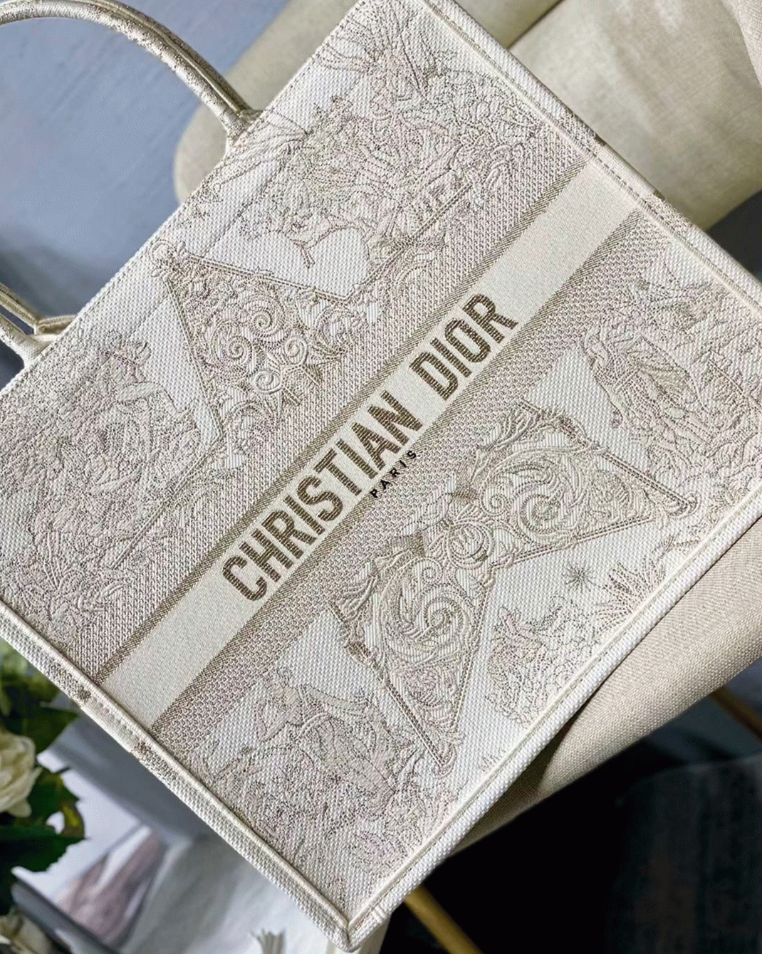 D10r Large Book Tote Bag Replica in D10r Around the World Stella Embroidery