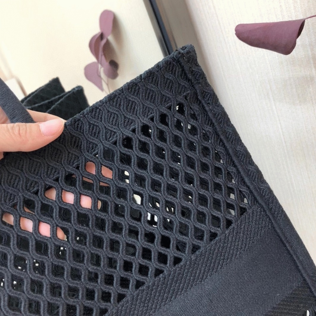 D10r Large Book Tote Bag Knockoff in Black Mesh Embroidery