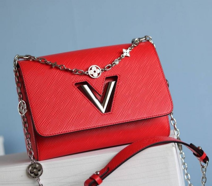L0vis Vvtt0n Epi Leather Twist MM With Flowers Jewels Chain Bag In Red