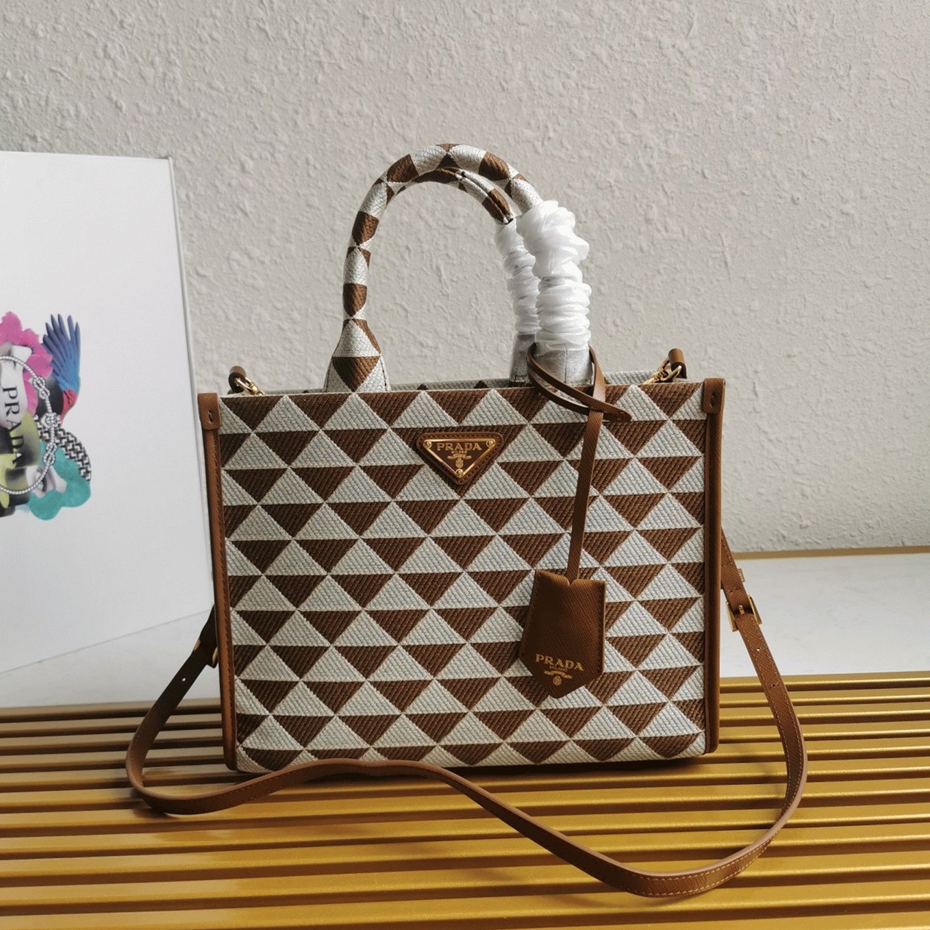 Pra*a Symbole Small Bag Knockoff in White/Brown Jacquard Fabric