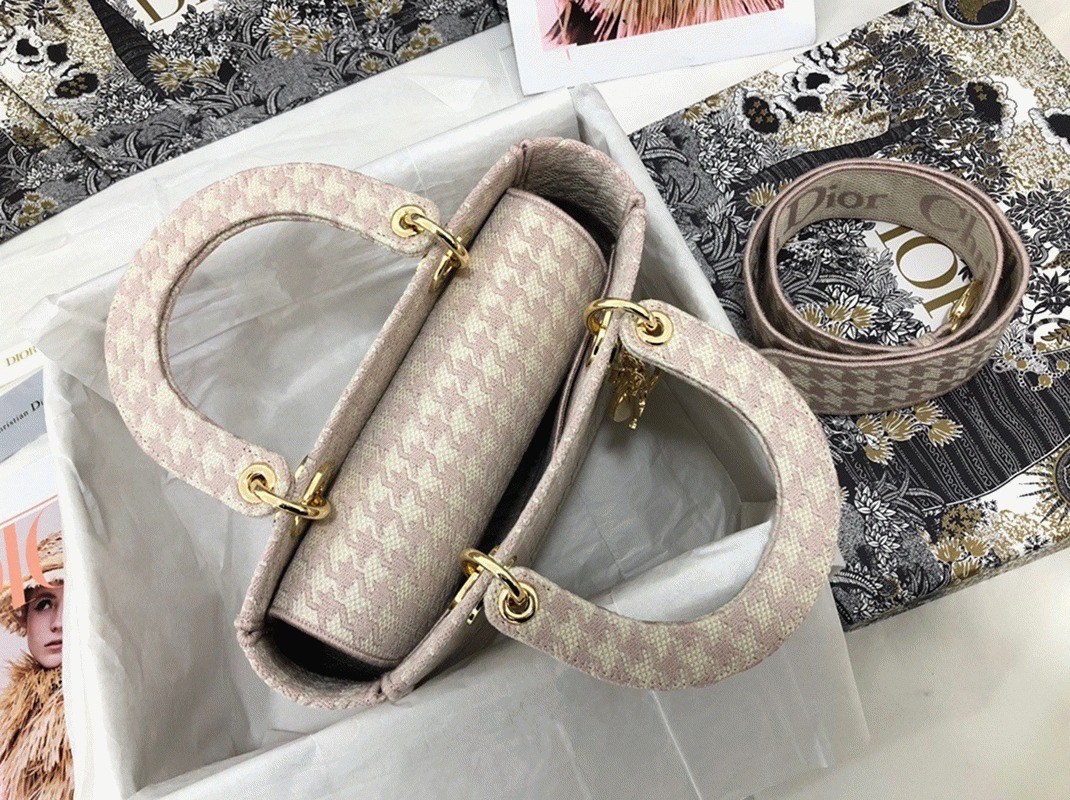 D10r Lady D-Lite Medium Bag Knockoff in Pink   White Houndstooth Embroidery
