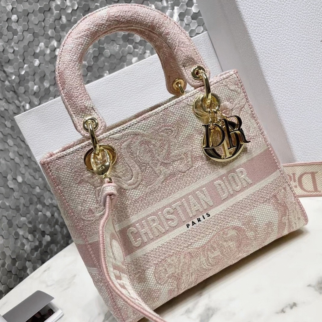 D10r Lady D-Lite Medium Bag Replica in Pink Toile de Jouy Embroidery