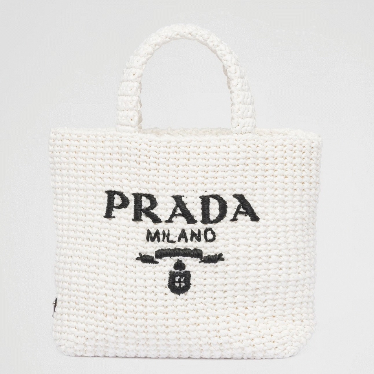 Pra*a Small Crochet Tote Bag Fake in White Raffia-effect Yarn