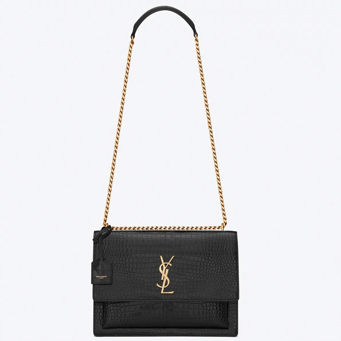 Fake Sa1nt Lau*nt Sunset Medium Chain Bag Black Crocodile-embossed Leather
