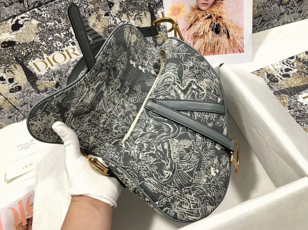 D10r Saddle Bag Faux in Grey Toile de Jouy Reverse Jacquard