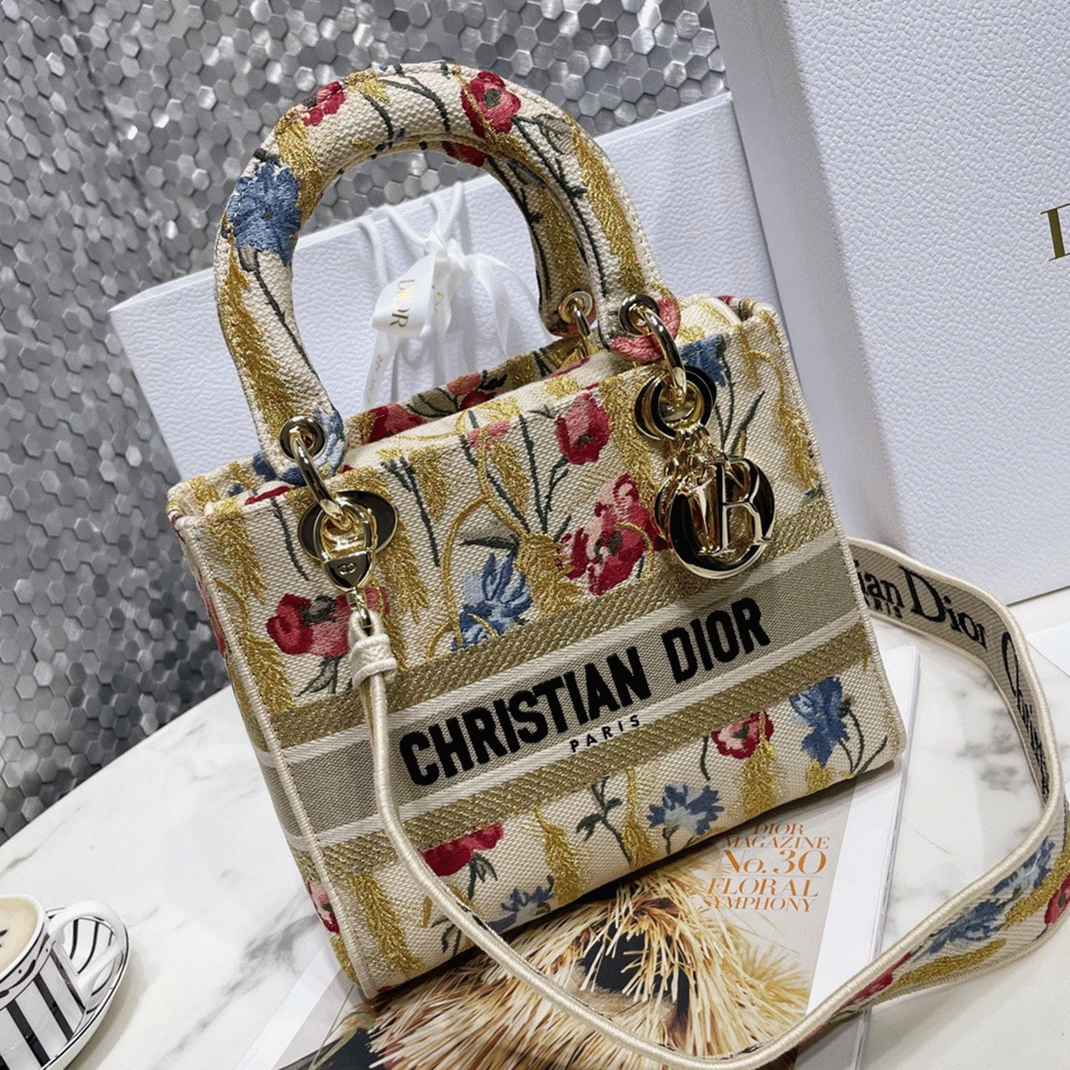 D10r Lady D-Lite Medium Bag Replica in Hibiscus Metallic Thread Embroidery