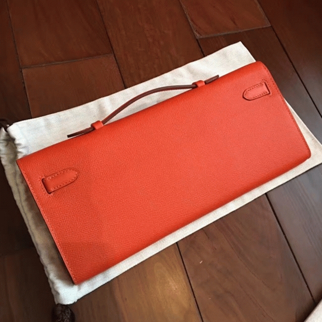 Orange Epsom Knockoff H**me5 Kelly Cut Clutch Bold Handbag