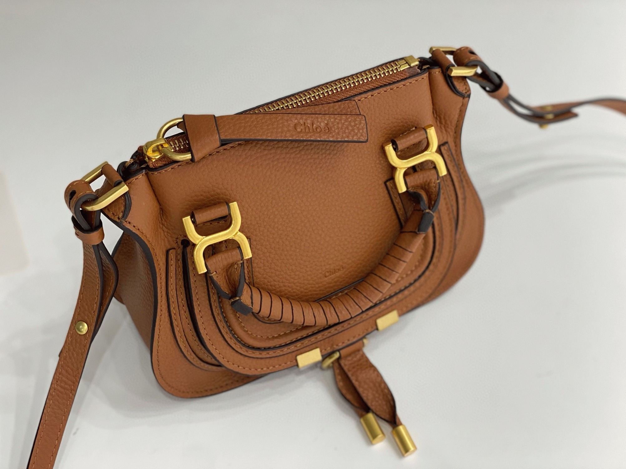 top quality replica Ch10e marcie mini double carry bag in brown grained leather