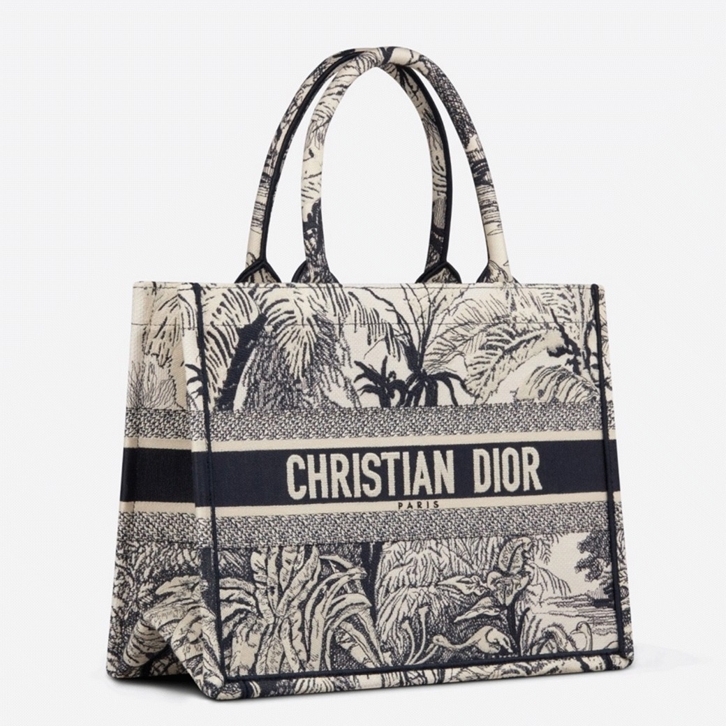 D10r Medium Book Tote Bag Fake in Blue Toile de Jouy Palms Embroidery