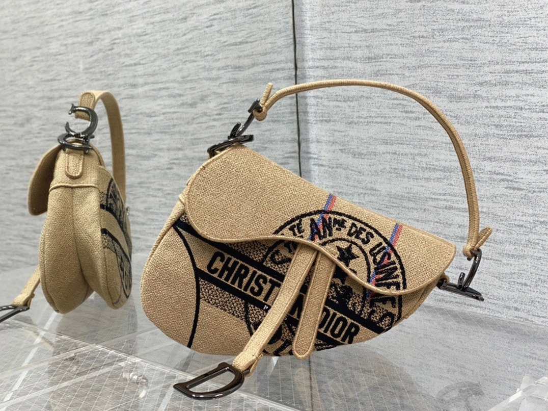 D10r Saddle Bag Knockoff in Beige Jute Canvas with D10r Union Motif