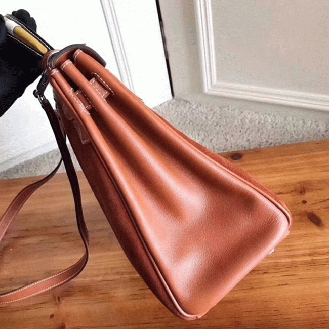 Brown Suede Fake H**me5 Kelly 32cm Bag with Zigzag Handle