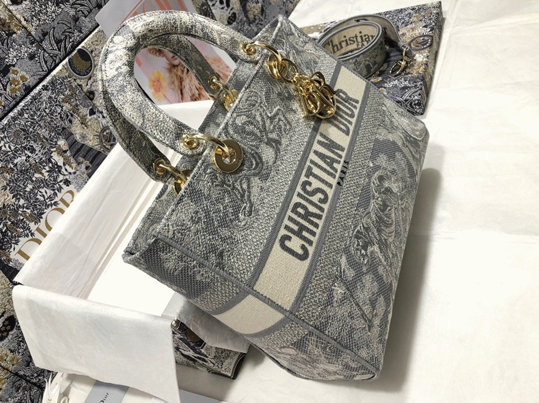 D10r Lady D-Lite Large Bag in Gray Toile de Jouy Reverse Embroidery