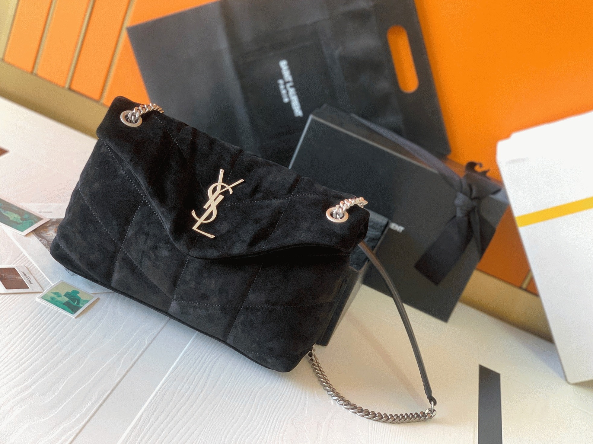 Sa1nt Lau*nt Puffer Medium Chain Bag Black Suede Calfskin