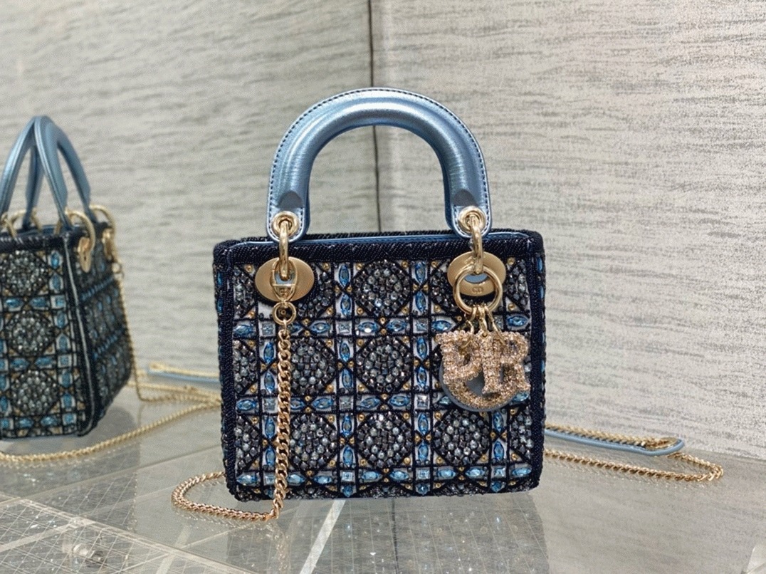 D10r Lady D10r Mini Chain Bag Replica in Satin with Blue Bead Embroidery