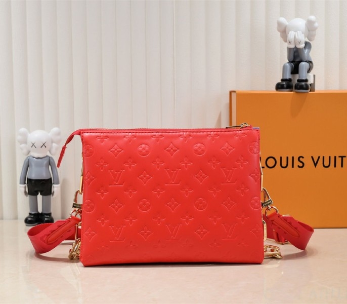 L0vis Vvtt0n Coussin PM Bag In Neon Red With Jacquard Strap