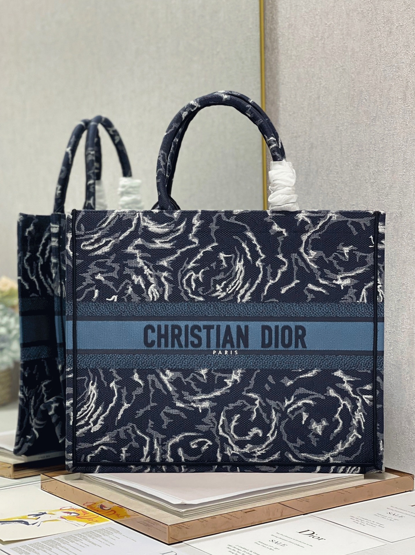 D10r Large Book Tote Bag Replica in Blue D10r Roses Embroidery