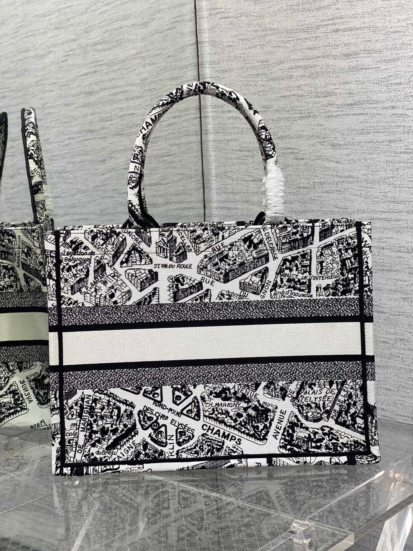 D10r Large Book Tote Bag Knockoff in White Plan de Paris Embroidery