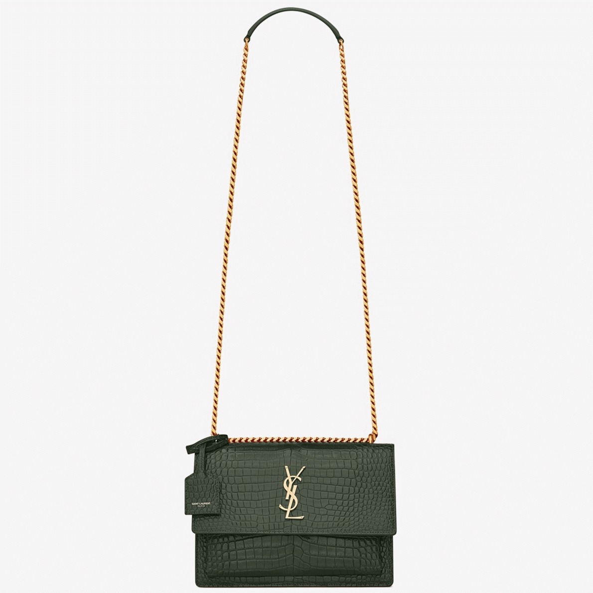 Fake Sa1nt Lau*nt Sunset Medium Chain Bag Green Crocodile-embossed Leather