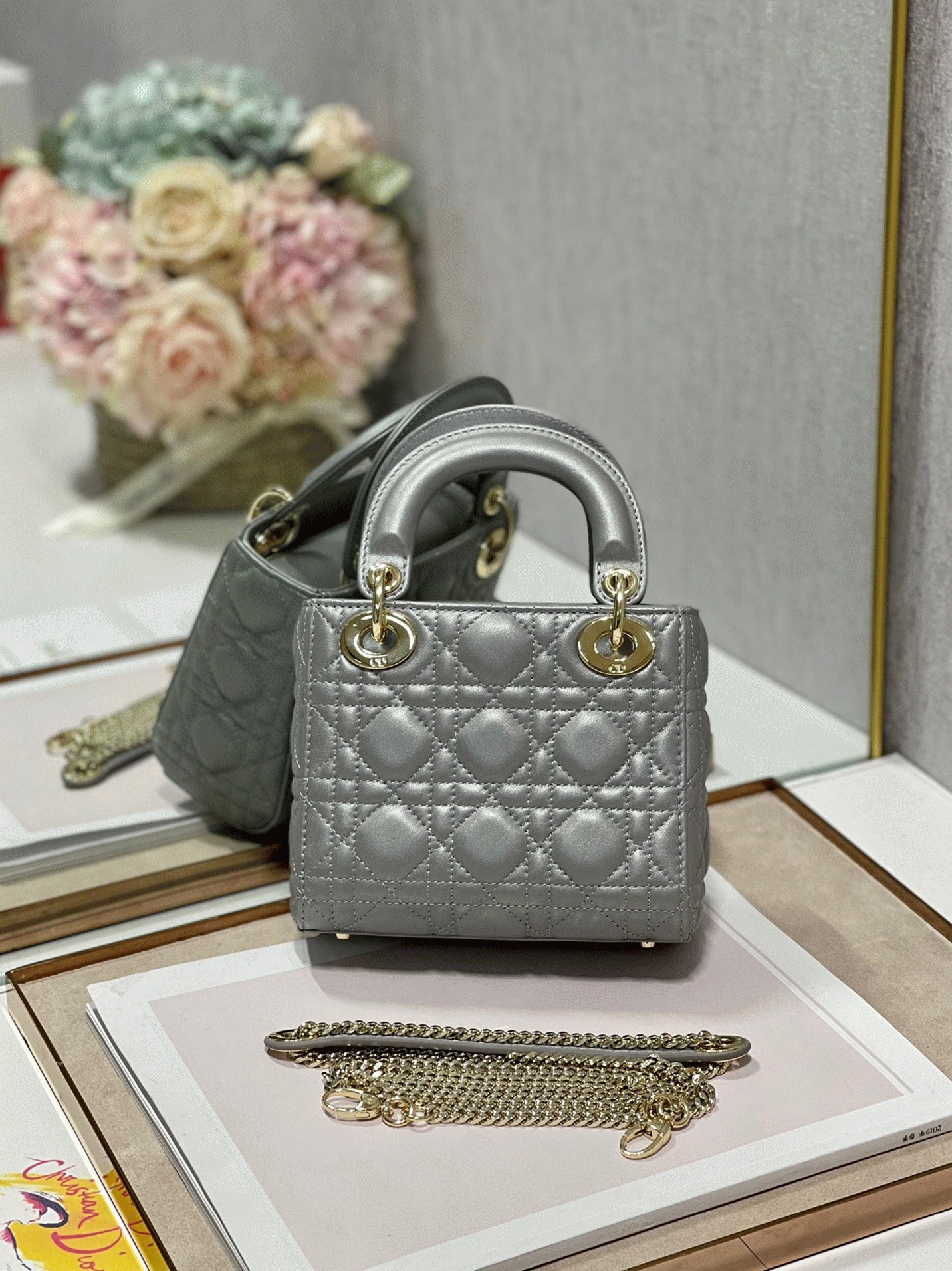 D10r Lady D10r Mini Chain Bag Replica in Grey Pearlescent Lambskin