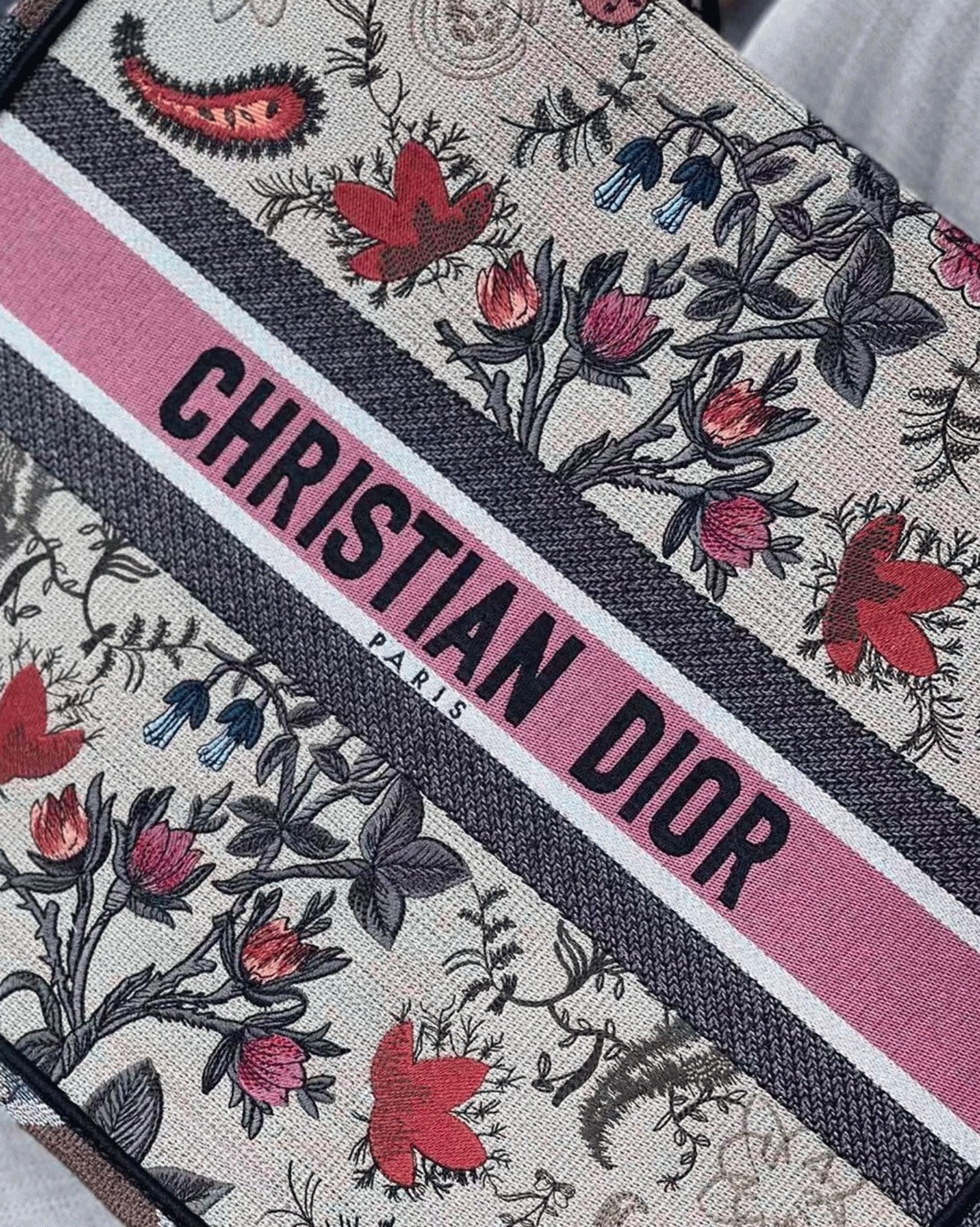 D10r Large Book Tote Bag Fake in Multicolor D10r Flowers Embroidery