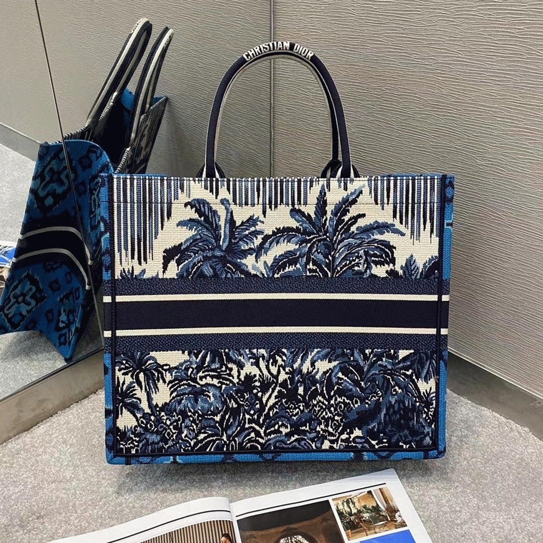 D10r Large Book Tote Bag Replica in Blue D10r Palms Embroidery