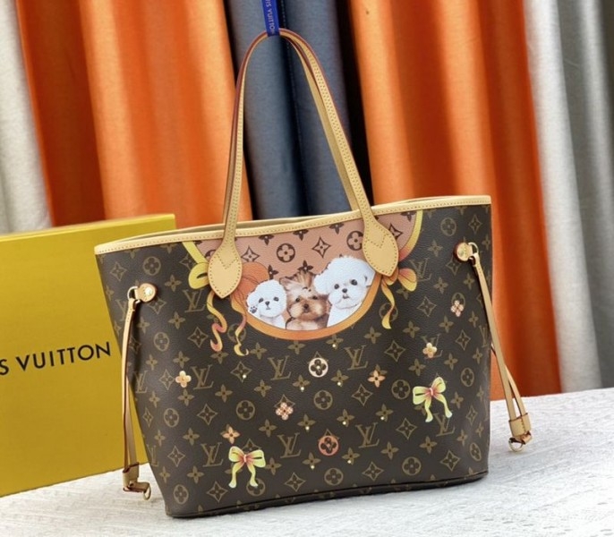 L0vis Vvtt0n Monogram Canvas Neverfull MM Tote With Puppies
