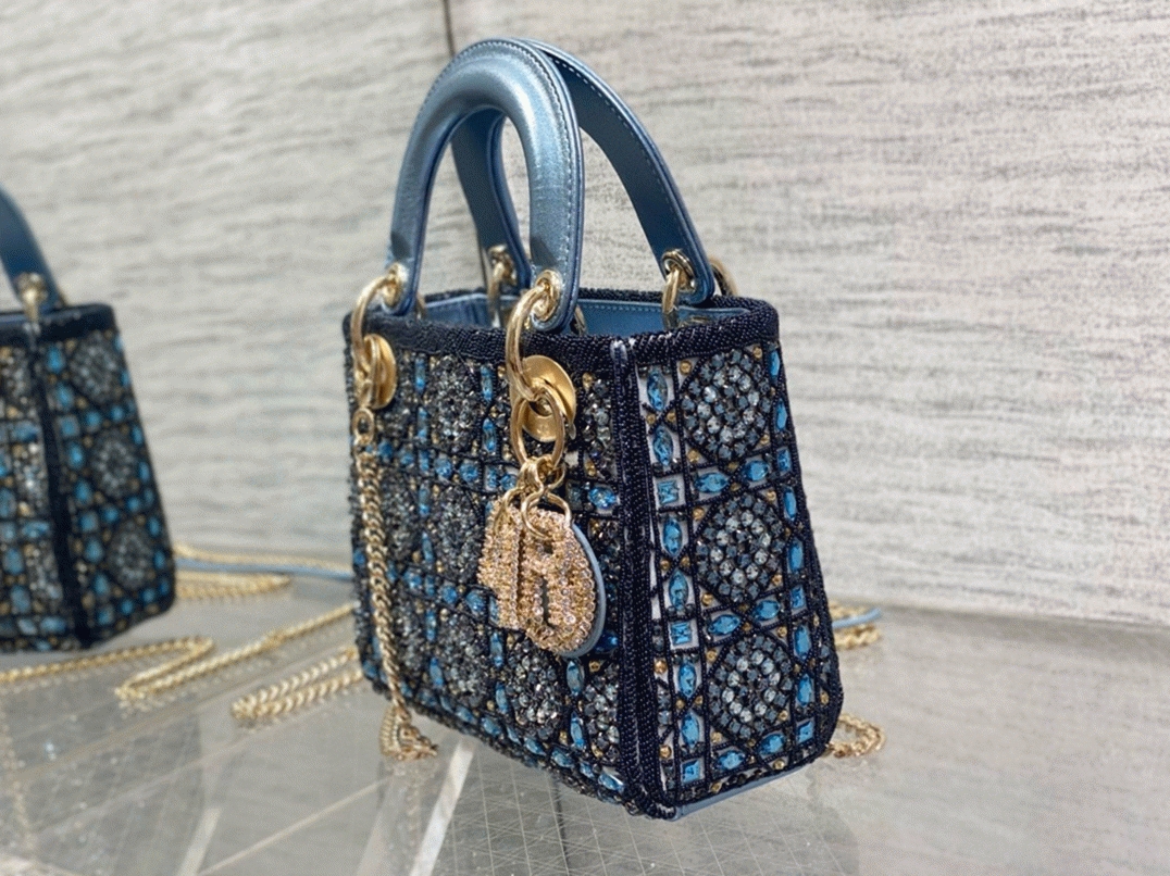 D10r Lady D10r Mini Chain Bag Replica in Satin with Blue Bead Embroidery