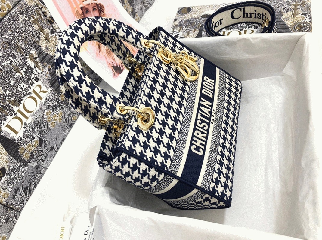 D10r Lady D-Lite Medium Bag Replica in Black   White Houndstooth Embroidery