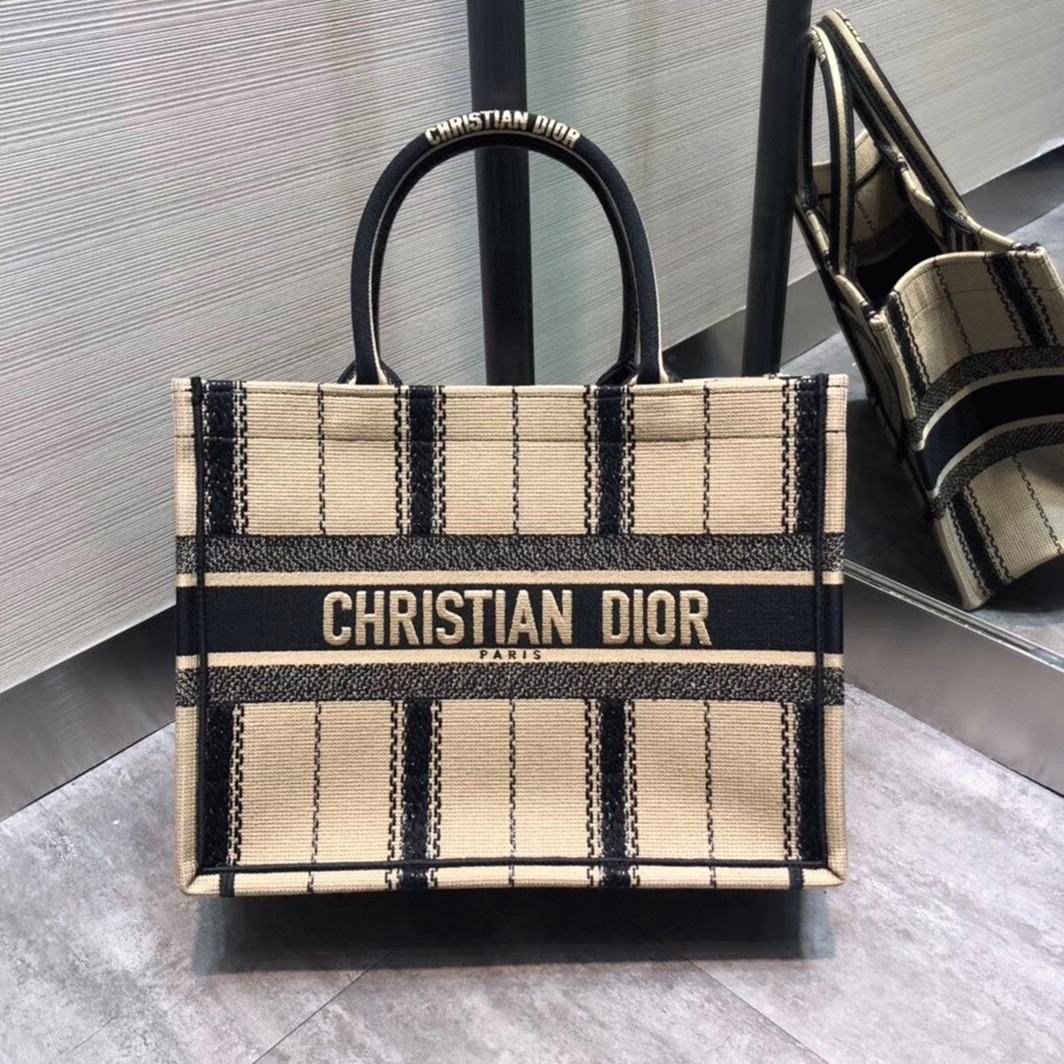 D10r Medium Book Tote Bag Fake in Black and Beige Bayadère Embroidered