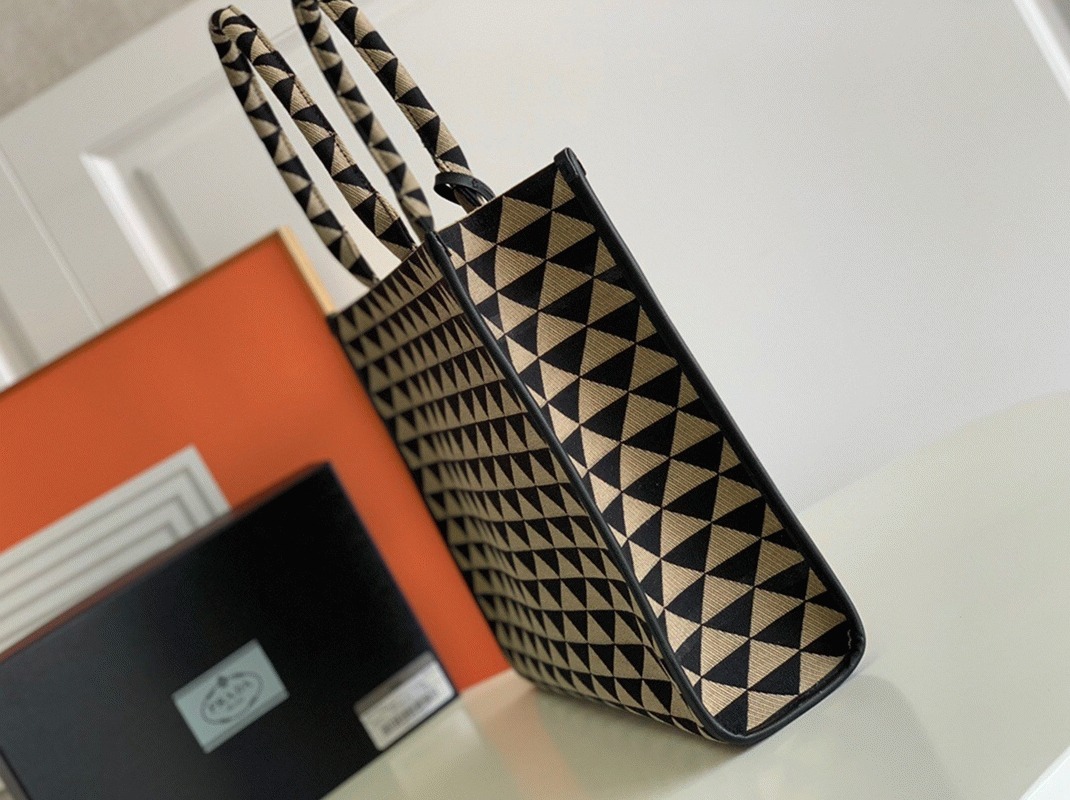 Pra*a Symbole Large Bag Knockoff in Black/Beige Jacquard Fabric