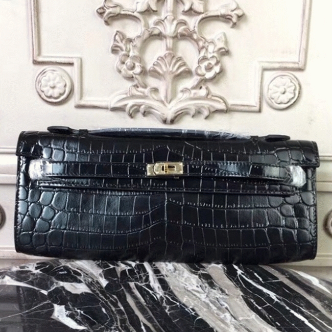 Black Crocodile Replica H**me5 Kelly Cut Clutch Exotic Skin Bag