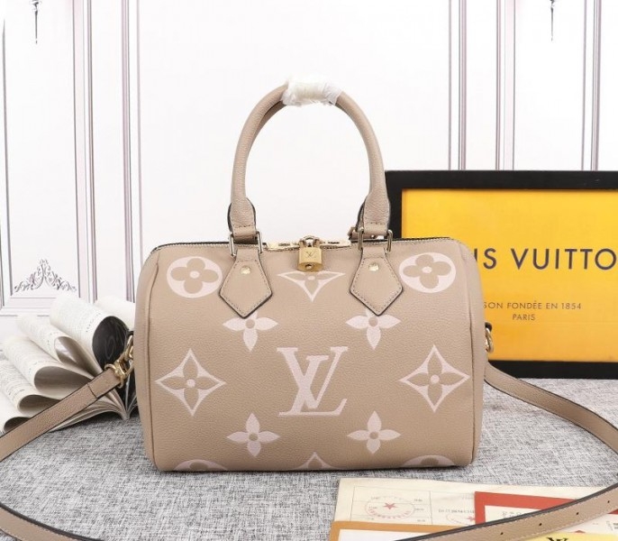 L0vis Vvtt0n Bicolor Monogram Empreinte Leather Speedy Bandouliere 25 Handbag In Tourterelle Gray And Cream