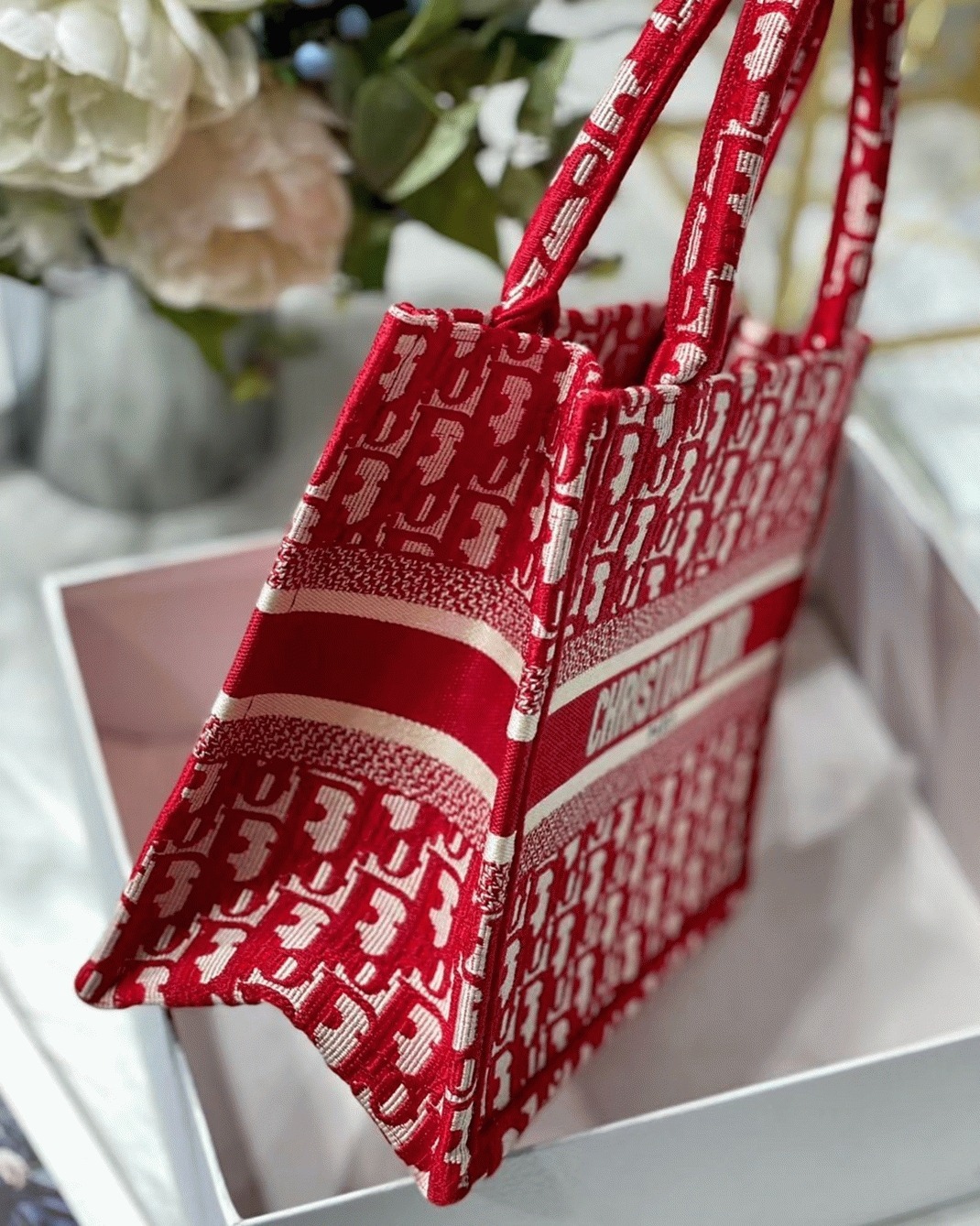 D10r Small Book Tote Bag Fake in Burgundy D10r Oblique Embroidery