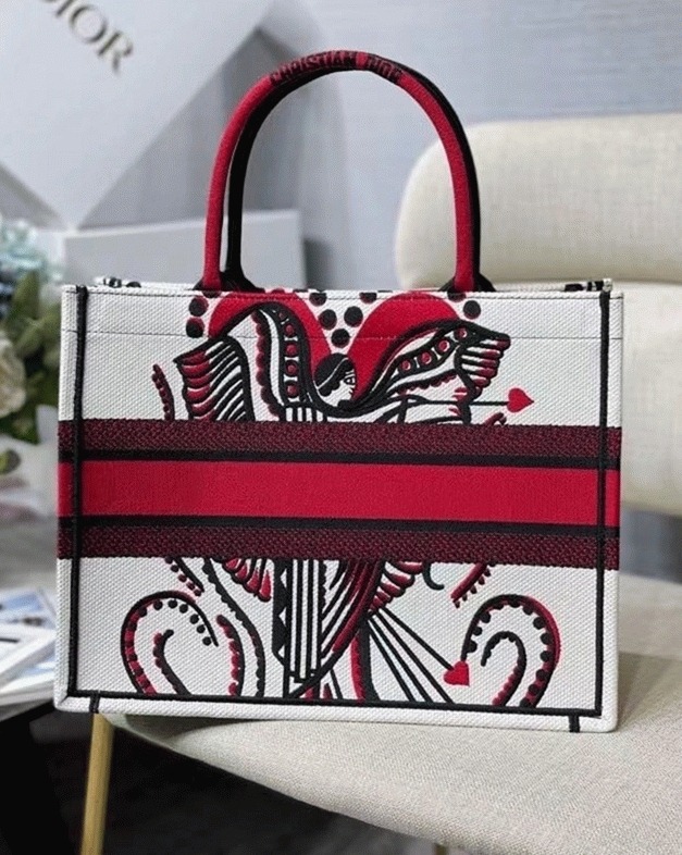 D10r Medium Book Tote Bag Fake in Latte Multicolor Cupidon Embroidery