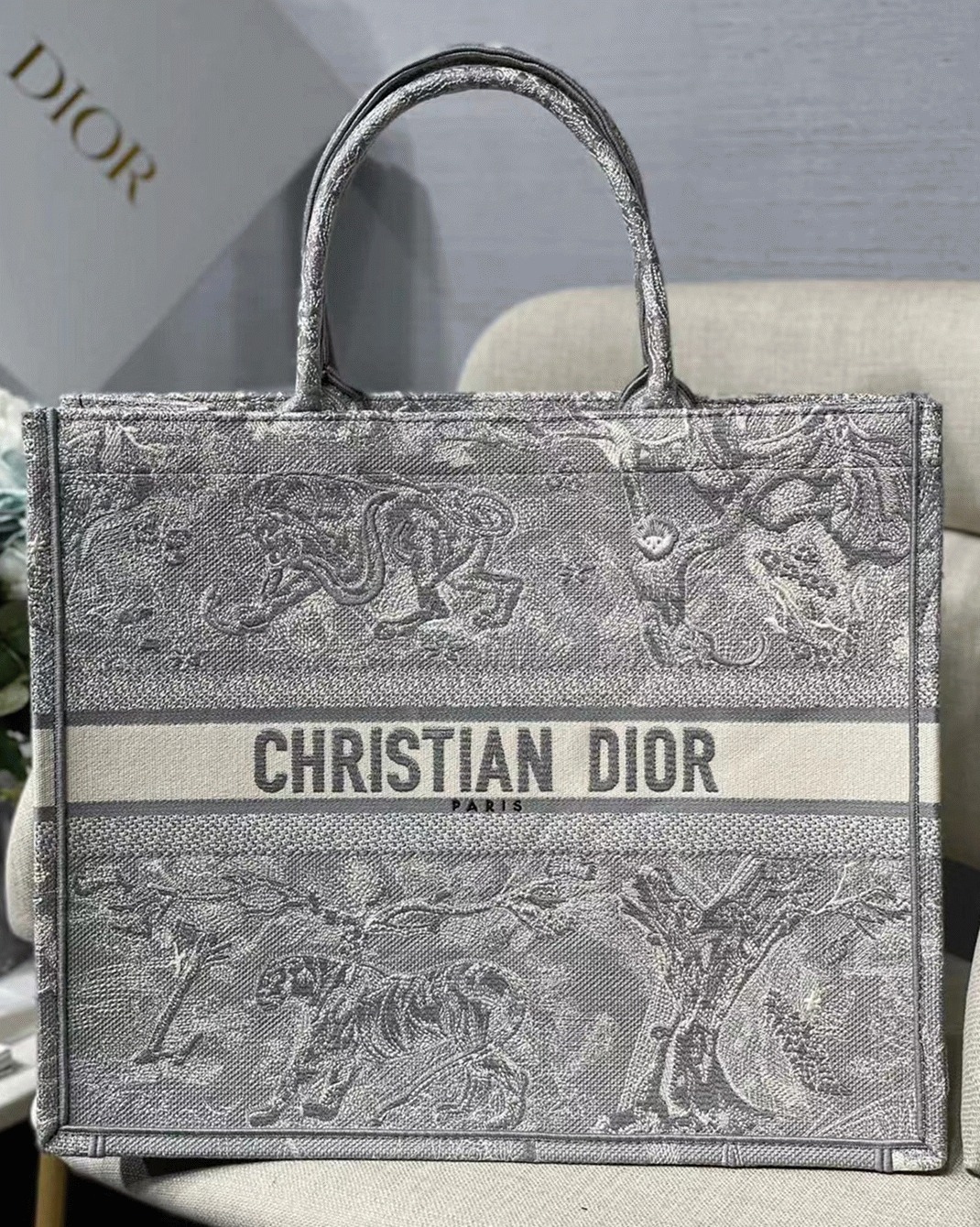 D10r Large Book Tote Bag Knockoff in Gray Toile de Jouy Reverse Embroidery