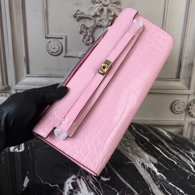 Pink Crocodile Replica H**me5 Kelly Cut Clutch Feminine Tote