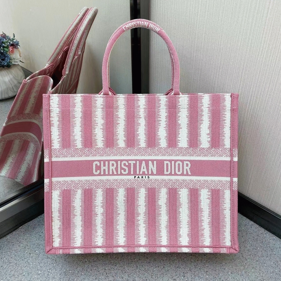 D10r Large Book Tote Bag Replica in Pink Stripes Embroidery