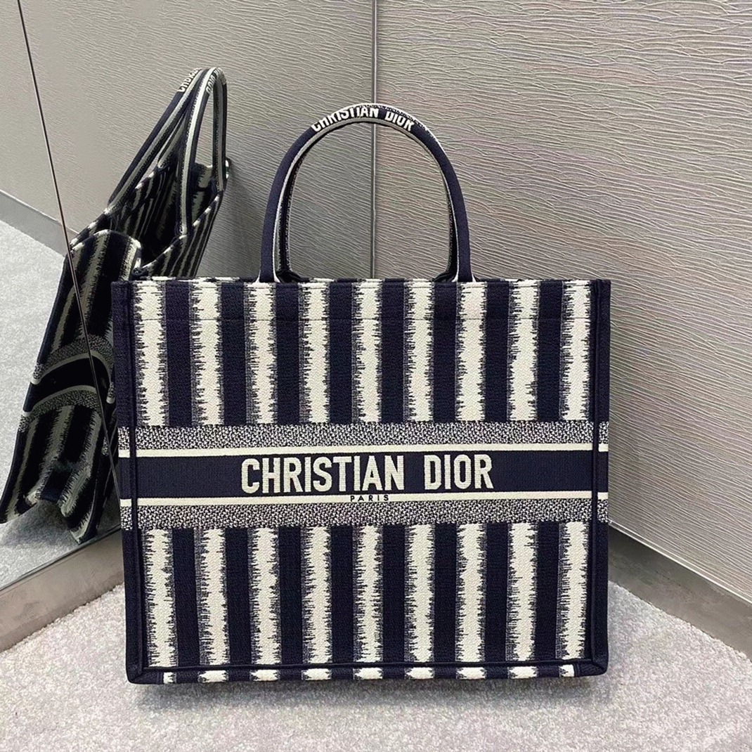 D10r Large Book Tote Bag Replica in Blue Stripes Embroidery