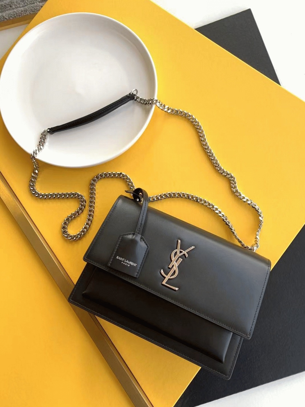 Knockoff Sa1nt Lau*nt Sunset Medium Chain Bag Noir Calfskin