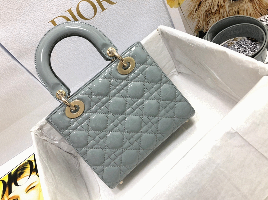 D10r Small Lady D10r Bag Replica in Grey Patent Cannage Calfskin