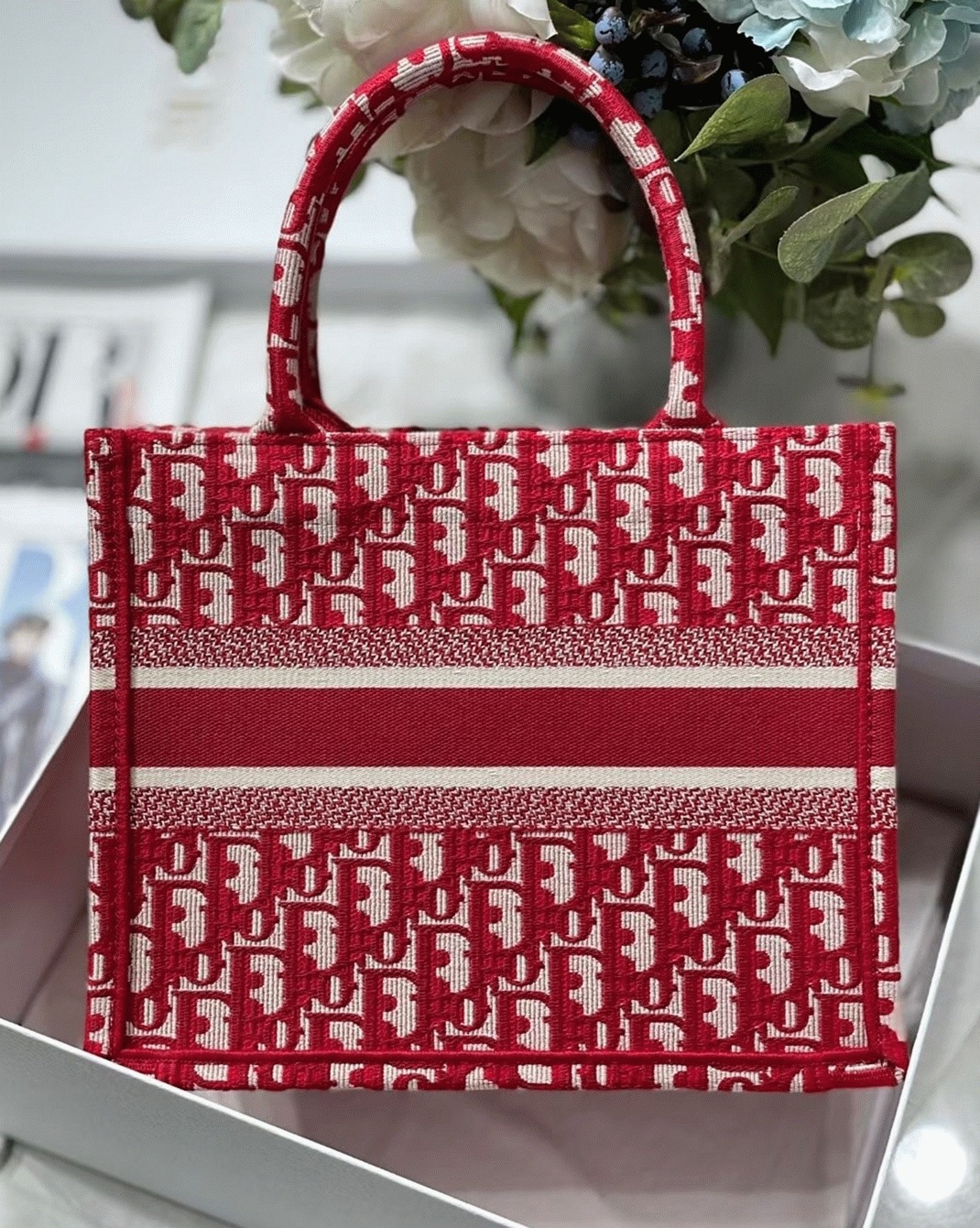 D10r Small Book Tote Bag Fake in Burgundy D10r Oblique Embroidery