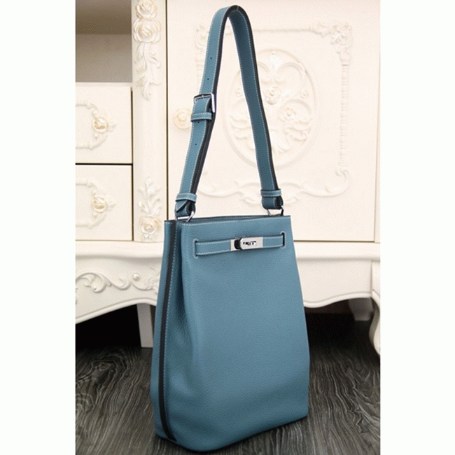 Jean Blue Leather Fake H**me5 So Kelly 22cm Casual Handbag