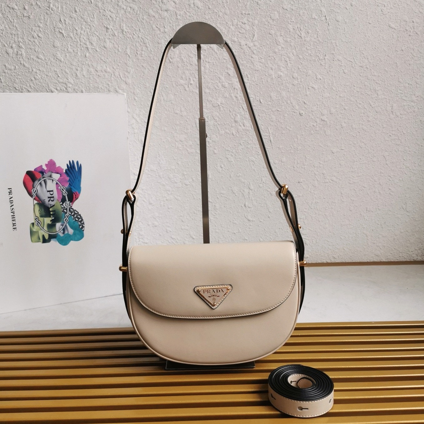 Pra*a Arque Shoulder Bag with Flap Replica in Beige