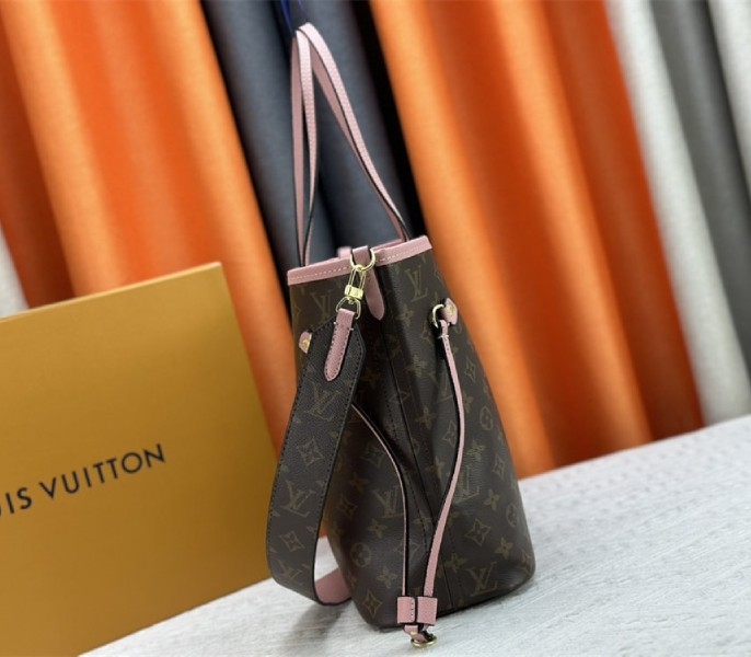 L0vis Vvtt0n Neverfull Bandouliere Inside Out MM Tote In Monogram Canvas And Peony Pink Textile And Leather