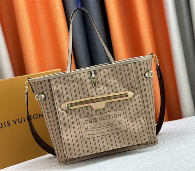 L0vis Vvtt0n Neverfull Bandouliere Inside Out MM Tote In Monogram Canvas And Beige Textile And Leather